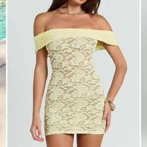 Showpo Nalani Yellow Lemon Lace off shoulder mini Dress US 2 Small